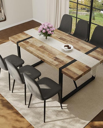 FURNITO Wood Dining Table Set for 6, 71" Large Rectangular Kitchen & Dining Room Table with 6 Fabric Linen Chairs, Modern Farmhouse Dining Set for Home, Living Room, Office, or Conference Room