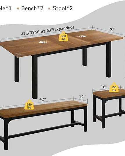 iPormis 5-Piece Dining Table Set for 4-8 People, Extendable Kitchen Table Set with 2 Benches and 2 Square Stools, Mid-Century Dining Room Table with Metal Frame & MDF Board, Saving Space, Walnut