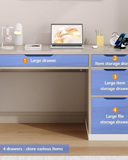 52 Inch Desk with 4 Drawers, Computer Desk with Storage File Cabinet for Bedroom, Small Office Desk with Storage for Small Space, White and Walnut