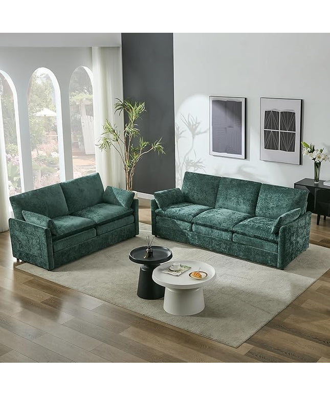 Tbfit Living Room Furniture Set, Loveseat & Standard Couch, Modern Comfy Cloud Sofa Set, Spring Seat Cushion, Chenille Fabric, Green