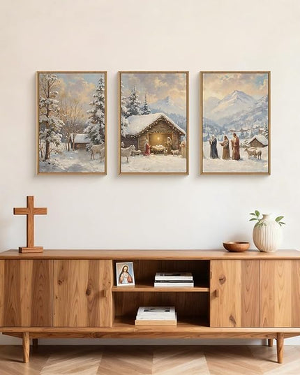 HOURIA Christian Christmas Nativity Framed Canvas Wall Art Set,Religious Mary Joseph & Jesus Christ Biblical Decor,Holy Family Star of Bethlehem Winter Artwork for Living Room,Church,Holiday-24"x36"x3