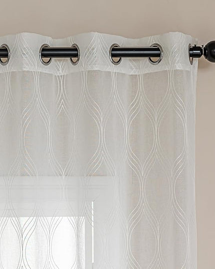 Amazon Basics 2-Piece Embroidery Sheer Curtain Set, Light Filtering Hollow Drapes for Living Room and Bedroom, 42" W × 84" L, White Classic Waves