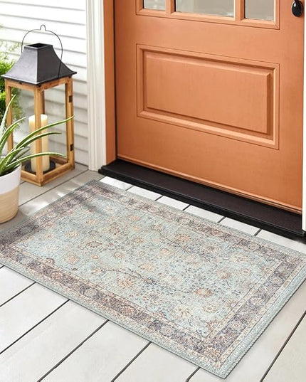 GLN Rugs Traditional Collection - Machine Washable Area Rug, Traditional Washable, Non Slip, Low Pile Chenille Rug, Living Room, Bedroom, Kitchen Rug (2'x3' Blue Floral)