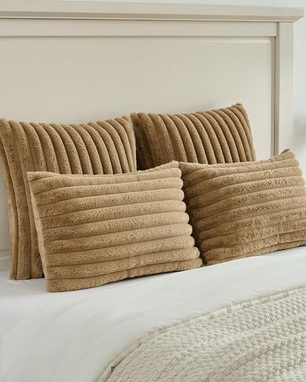 FUTEI Camel Throw Pillow Covers Set of 2, 28x28 Inch Striped Texture Euro Pillow Shams with Soft Faux Rabbit Fur Front & Velvet Back, Modern Decorative Couch Pillows for Living Room