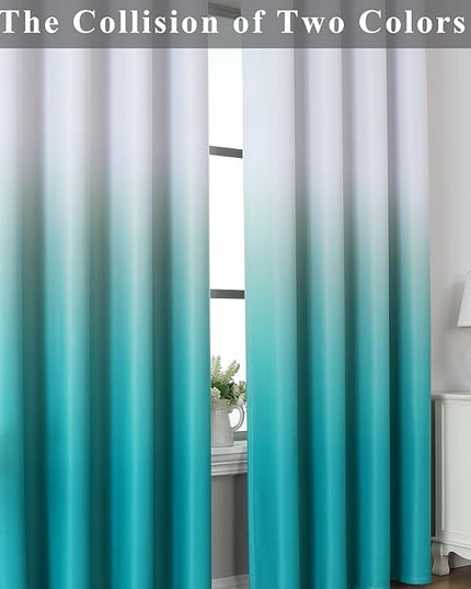 Estelar Textiler Teal and Greyish White Ombre Blackout Curtains for Bedroom, Room Darkening Thermal Insulated Privacy Protection Window Grommet Drapes for Living Room,2 Panel,52x84 inch