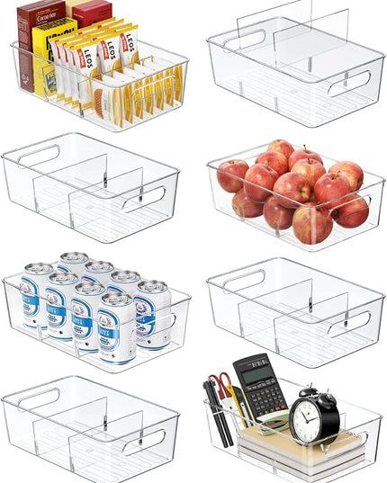 Pantry Organizers and Storage, 8 Pack Snack Organizer for Pantry Shelf,Food Storage Bins with Divider,Clear Containers for Organizing,Transparent Plastic Basket,Refrigerator and Fridge Bins