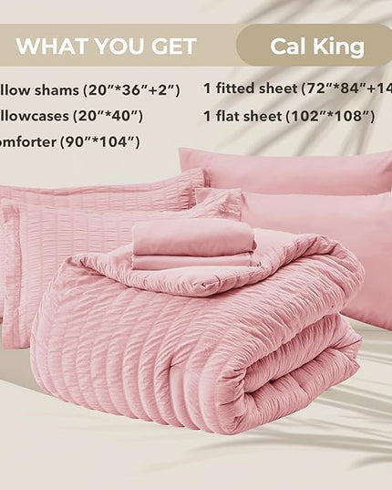 HYMOKEGE Pink California King Comforter Set Seersucker 7 Pieces, All Season Luxury Bed in a Bag for Bedroom, Bedding Set with Comforters, Sheets, Pillowcases & Shams
