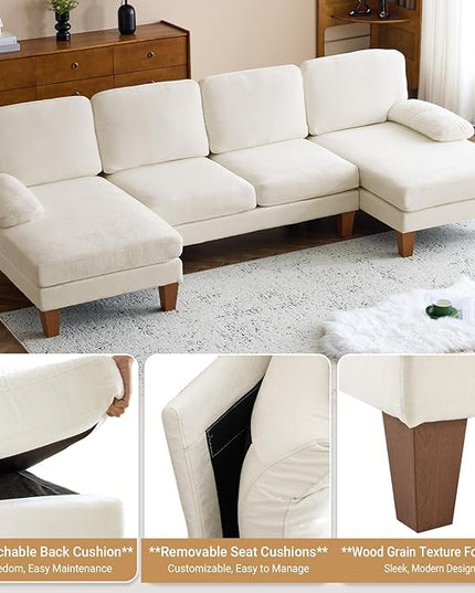VINGLI 110" Sectional Couches for Living Room,U Shaped Couch with Double Chaise, 4-Seat Sofa Set with Chenille Fabric for Home Furniture,Beige