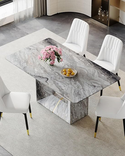 Dinner Table Set for 4, 5 Piece Dining Table Set with Chairs, 63" Faux Marble Modern Table with 4 PU Leather Upholstered Chairs, for Kitchen & Dining Room