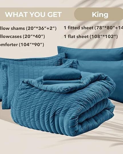 HYMOKEGE Teal King Size Comforter Set Seersucker 7 Pieces, All Season Luxury Bed in a Bag for Bedroom, Bedding Set with Comforters, Sheets, Pillowcases & Shams