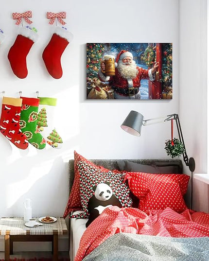 YONICA Christmas Wall Decor Santa Canvas Wall Art Home Decorations 18x12 Inches - Santa Pictures Santa Claus Drinks Beer to Celebrate Christmas Pine Tree Prints Winter Painting Xmas Artworks