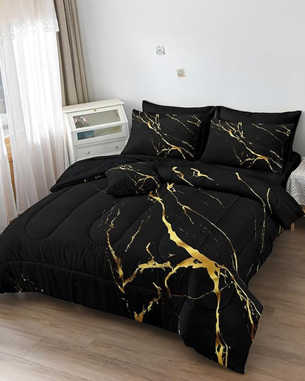 Merryword 8 Pcs Bed in a Bag Comforter Set - Queen Size Black Gold Marble Bedding Set