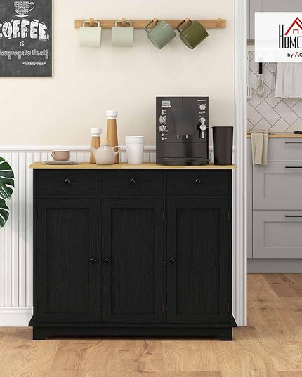 HOMCOM Sideboard with Solid Wood Countertop, Modern Kitchen Storage Cabinet, Coffee Bar Cabinet with 3 Drawers, Doors and Adjustable Shelf, Distressed Black