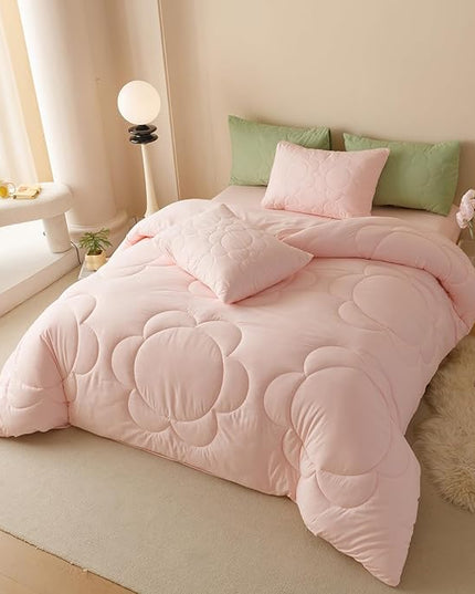 CLOTHKNOW Pink Full Size Comforter Sets Daisy Puff Bedding Comforter Sets Soft Blush Boho Comforter Pink Comforter with 2 x Pillow Cases