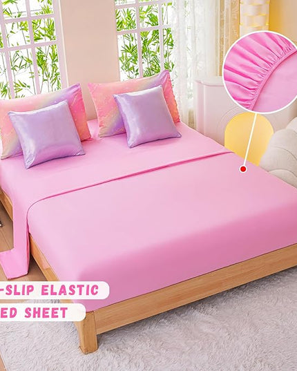 Rainbow Bedding Set Twin Size – 7 Piece Reversible Girls Comforter with Deep-Pocket Sheet, Gradient Galaxy Design, Whole-Piece Filling, Machine Washable Bed-in-a-Bag for Kids Room Makeover & Gifts