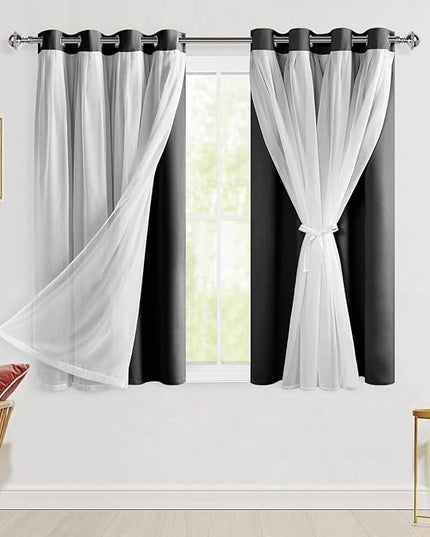 Hiasan Black Blackout Curtains with Sheer Overlay, Grommet Thermal Insulated Privacy Mix and Match Double Layer Window Curtains for Girls Bedroom, Living Room, 2 Drape Panels with Tiebacks, 52W X 54L