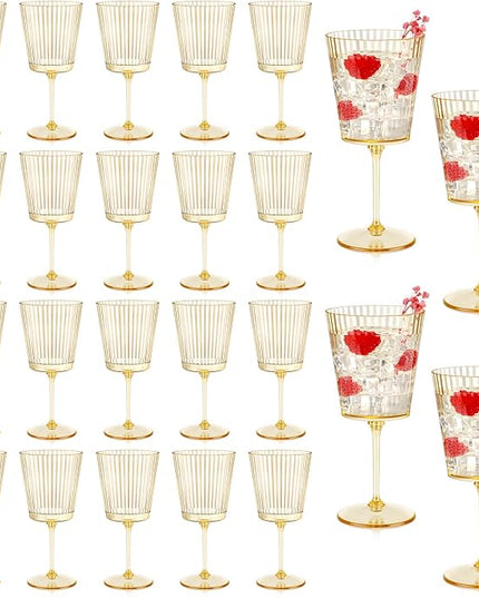 24 PCS Gold Ribbed Plastic Wine Glasses 13.5 OZ Ribbed Wine Glasses Detachable Wine Glass Elegant Fluted Glassware Vintage Style for Wedding Anniversary Birthday Dinner Parties