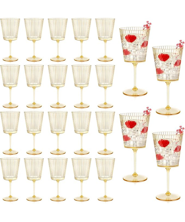 24 PCS Gold Ribbed Plastic Wine Glasses 13.5 OZ Ribbed Wine Glasses Detachable Wine Glass Elegant Fluted Glassware Vintage Style for Wedding Anniversary Birthday Dinner Parties