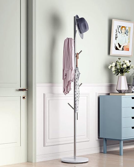 Silver Coat Racks, Metal Coat Rack Freestanding with Hooks, Entryway Coat Rack Stand, Coat Racks with Marble Base, Coat Tree for Hanging Clothes, Hats, Bags