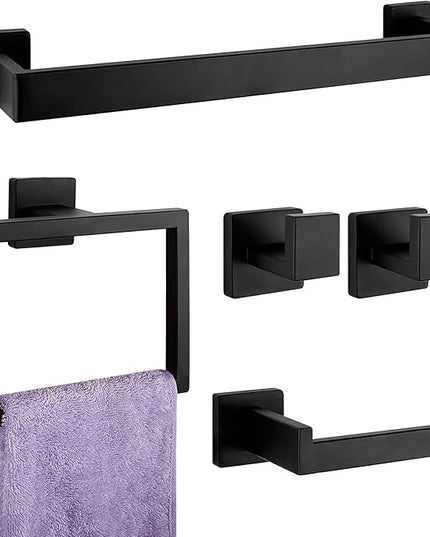 5-Pieces Matte Black Bathroom Hardware Accessories Set, SUS304 Stainless Steel Bath Towel Bar Set, Towel Racks for Bathroom Wall Mounted.