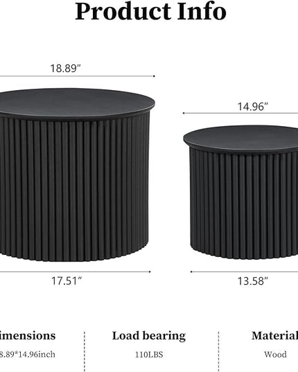 Small Fluted Round Nesting Coffee Table Set of 2, Mid Century Modern Coffee Table Circle Side Table, Wood Nesting Table Farmhouse End Tables Set for Living Room, Bedroom, Small Spaces(Black