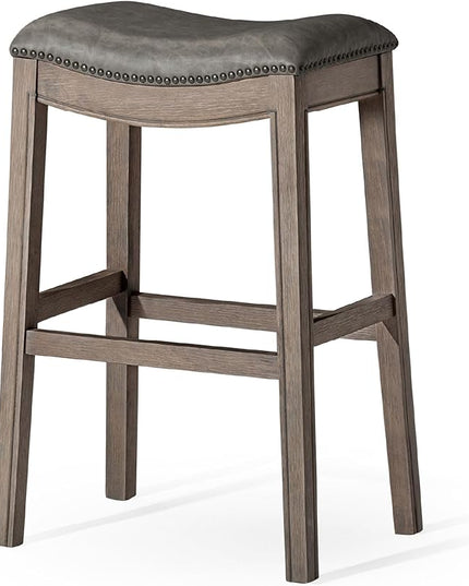 Maven Lane Adrien Backless Bar Stool – 31 Inch Saddle Seat with Footrest – Grey Solid Wood Frame & Grey Faux Leather Upholstery – Ideal for Bars, Pub Tables & Tall Kitchen Counters