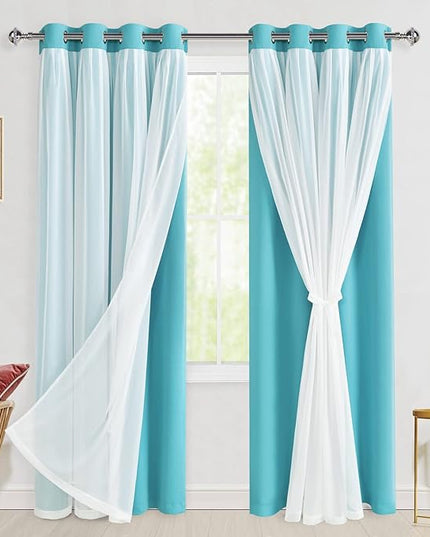Hiasan Blackout Curtains with Sheer Overlay, Thermal Insulated Privacy Double Layer Mix & Match Grommet Window Curtains for Bedroom, Living Room, 2 Drape Panels with Tiebacks, Turquoise, 52W X 84L