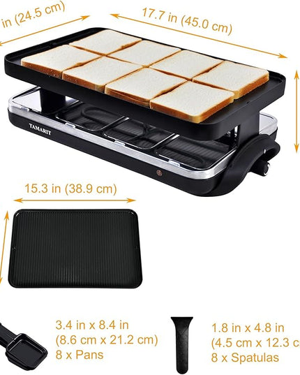 TAMARIT Classic 8 Person Raclette Grill 1500W Electric Tabletop Griddle with Reversible Plate, 8 Non-Stick Cheese Trays and Spatulas Indoor Portable Korean BBQ Barbecue Party Grill Black