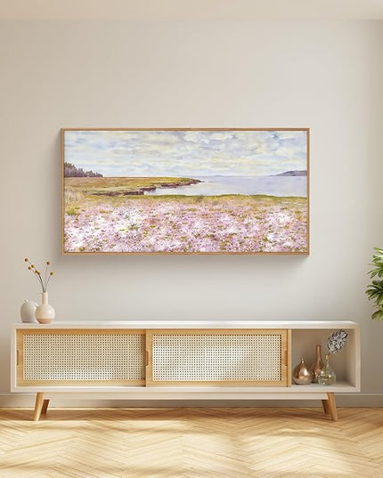 HOURIA Watercolor Pink Floral Coastal Landscape Framed Canvas Wall Art Set,Nature Inspired Wildflower & Meadow Cottage Field Wall Decor,Modern Seaside Beach Artwork for Living Room,Farmhouse-20"x40"x1
