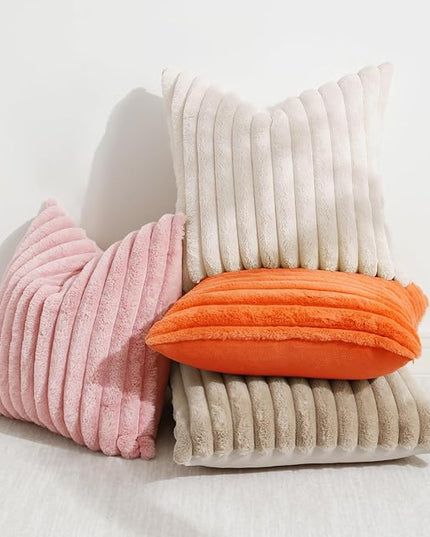 decorUhome Faux Fur Spring Throw Pillow Covers 22x22 Set of 2, Decorative Soft Plush Striped Neutral Couch Euro Pillow Covers with Velvet Back for Sofa, Bed, Living Room Home Decor, Beige