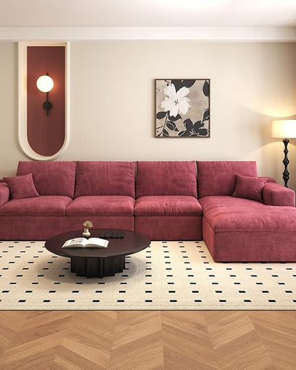 136.6'' L-Shaped Modern Modular Sectional Cloud Couch, 4-Seat Chenille Deep-Seat Sofa with Pillow for Living Room, Bedroom, Apartment, Wine Red