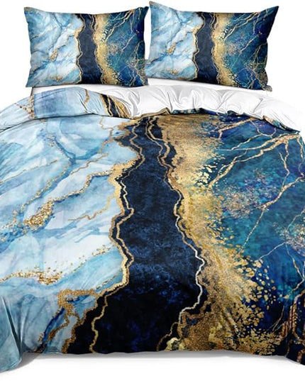 Royal Blue Marble Duvet Cover Set King Size Sequin Gold Bedding Comforter Covers with 2 Pillow Shams Breathable Durable Soft Comfy