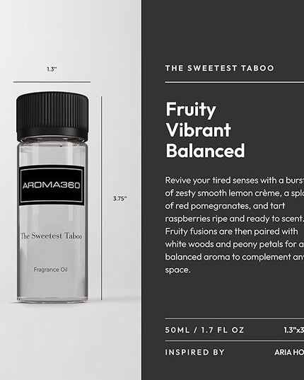 Aroma360 - The Sweetest Taboo Fragrance Oil Scent - Luxury Aromatherapy Scent Diffuser Oil - Hints of Lemon Crème, Pomegranates, & Raspberries - for Essential Oil Diffusers - for Home & Office - 50mL