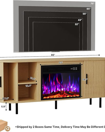 65" Fluted Fireplace TV Stand for TVs Up to 75 inches, Modern Entertainment Center with 23" Electric Fireplace, Wooden Curved TV Console with Sliding Doors for Living Room, Natural Oak