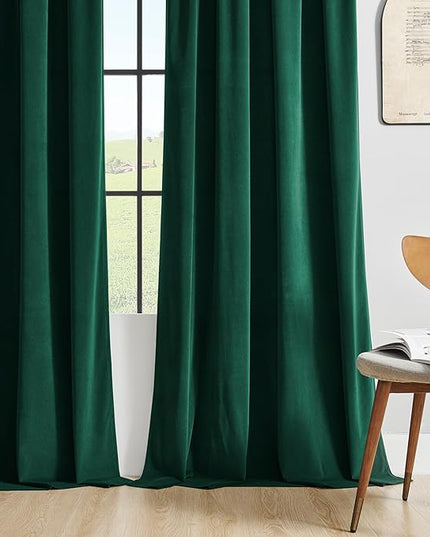 Joydeco Dark Green Velvet Curtains 84 inch Length 2 Panels Burg Set, Luxury Rod Pocket Thermal Insulated Window Blackout Curtain, Room Darkening Drapes for Living Dining Room Bedroom Privacy
