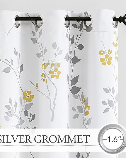 Beauoop Floral 100% Blackout Curtains 54 Inch Length 2 Panels for Bedroom Living Room Yellow Grey and White Flower Patterned Room Darkening Thermal Soundproof Grommet Window Treatments Drapes, 52X54
