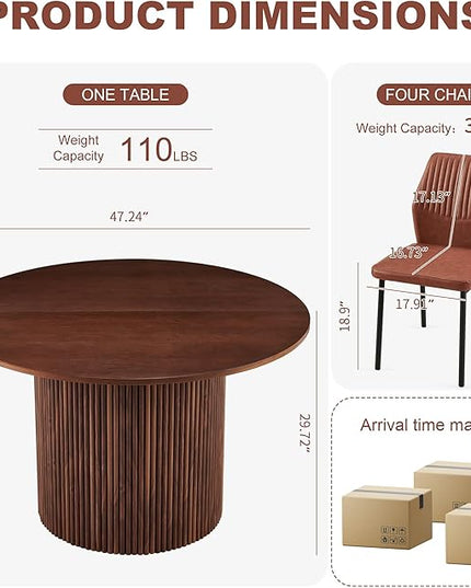 Dining Table Set for 4, 47" Wooden Round Kitchen Table with PU Leather Chairs for Kitchen Room and Small Spaces(Walnut Table + 4 Brown Chairs)