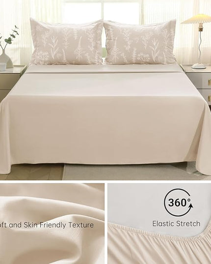 MUXHOMO Beige King Comforter Set, Elegant Floral Print Bed in a Bag 7 Pieces, Ultra Soft & Breathable Reversible Botanical Pattern Bedding Set with Comforter, Sheets, Pillowcases, and Shams