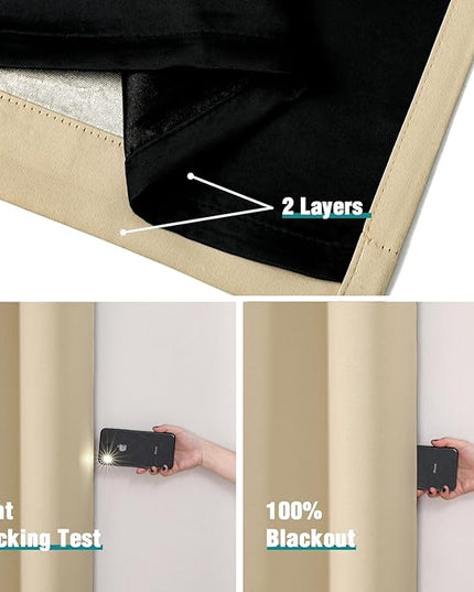 ChrisDowa 100% Blackout Curtains 78 inch Long for Bedroom with Black Liner, 2 Thick Layers Total Blackout Thermal Insulated Grommet Window Curtains 2 Panels Set (Beige, 42 x 78 Inch)