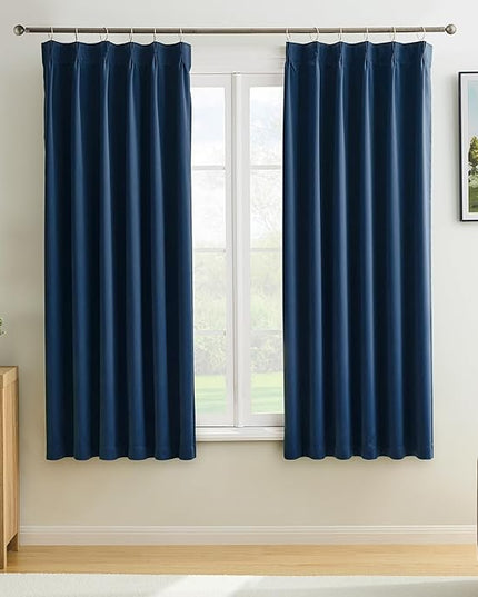 KEQIAOSUOCAI Pinch Pleated Blackout Curtains 2 Panels Set, Black Out with Hooks Thermal Insulated Room Darkening Privacy Window Curtain Panels for Bedroom(Navy Blue, 40 Wide x 45 Long)