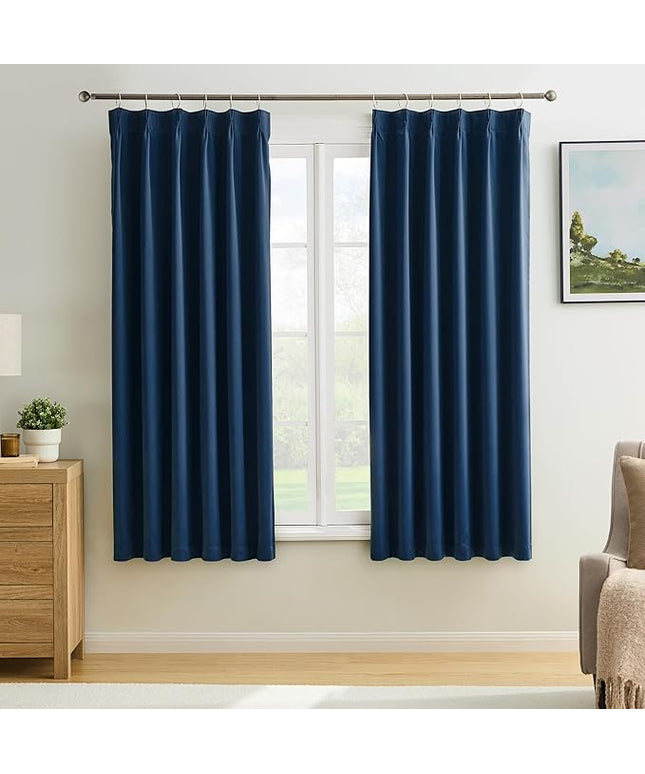 KEQIAOSUOCAI Pinch Pleated Blackout Curtains 2 Panels Set, Black Out with Hooks Thermal Insulated Room Darkening Privacy Window Curtain Panels for Bedroom(Navy Blue, 40 Wide x 45 Long)