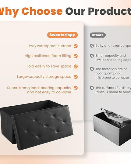 Sweetcrispy 30 Inches Folding Ottoman with Storage Bench, Foot Rest Stool, End of Bed Storage Bench Upholstered, Load 660 lbs, for Living Room, Lychee Grain Leather, Black