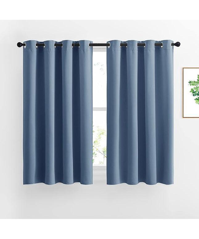 NICETOWN Short Window Curtains 45" L for Kitchen - Grommet Sunlight Reducing Solid Vertical Curtains and Drapes for Cafe & Home Office, Stone Blue, 52" Wide Per Panel, 1 Pair