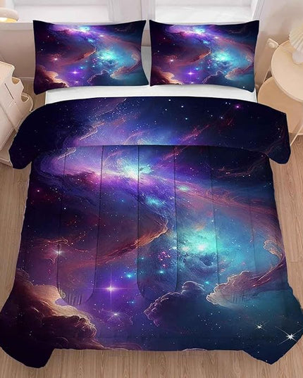 Purple Galaxy Bedding Set Full Size Outer Space Comforter Set for Girls Teens Kids Women Boys Starry Nebula Blue Glitter Quilt 1 Comforter + 2 Pillow Cases
