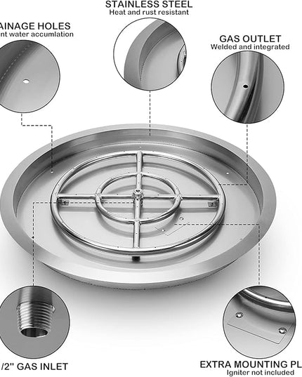 Stanbroil 31 Inch Drop-in Round Gas Fire Pit Kit with Spark Ignition Kit, 304 Stainless Steel Gas Firepit Burner Insert for DIY Fire Pit Table, Max 296,000 BTU - Natural Gas Version