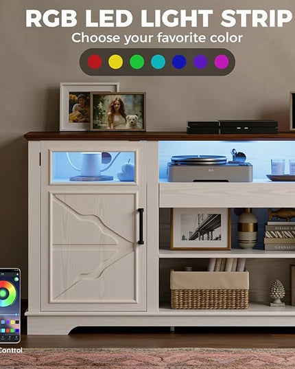 IRONCK 65.8" Farmhouse TV Stand for 60/65/70 Inch TVs, Tall Entertainment Center with LED Lights & Power Outlet, Media Console with Storage Cabinets & Adjustable Shelves for Living Room, White