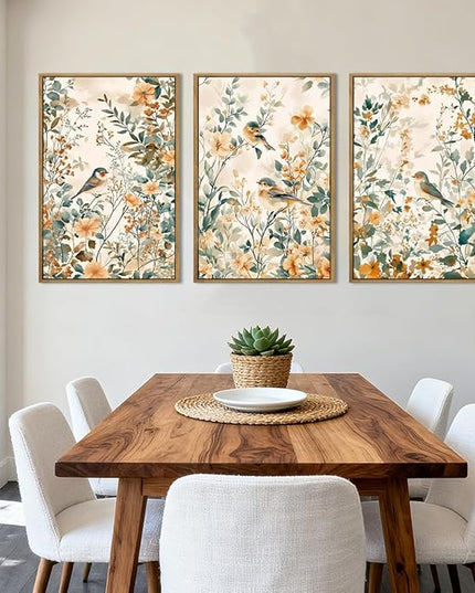 ANHUIB Large Neutral Floral Wall Art 16x24 Inch Beige Botanical Wall Decor Bird Painting Set of 3 for Living Room Bedroom Barhroom