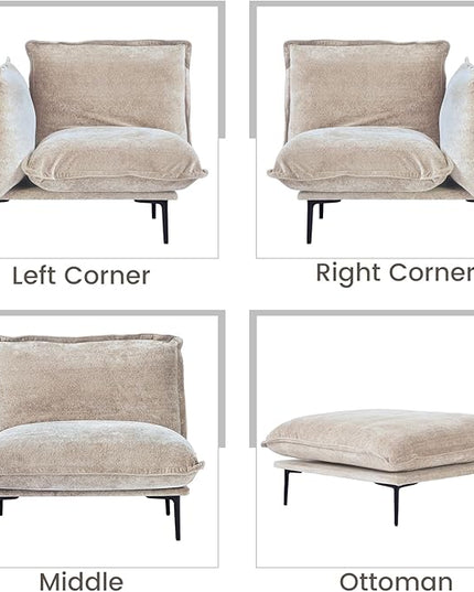 WJShome Sectional Couches for Living Room, Velvet 147" Modern 4 Seater Sofa with Removable Cushions Comfort Deep Seat ForApartment, 8" High Metal Legs, Easy to Clean, Oatmeal