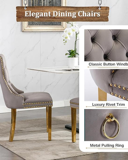 7 Piece Dining Table Set with 6 Grey Dining Chairs, Modern Glass Kitchen Table and Chairs Set for 6, 70" Rectangle Gold Glass Pedestal Dining Room Tables with Flash-Shape Stainless Steel Base