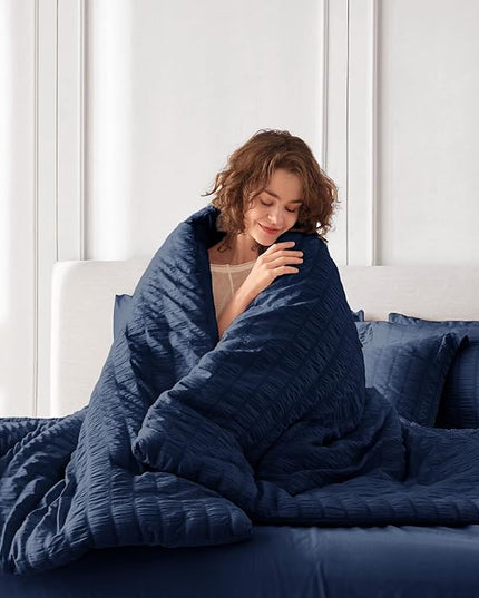 MUXHOMO 7 Pieces Full Comforter Set, Seersucker Bed in a Bag Full Size, All Season Luxury Bedding Set with Comforter, Flat Sheet, Fitted Sheet, Pillowcases & Shams, Navy Blue